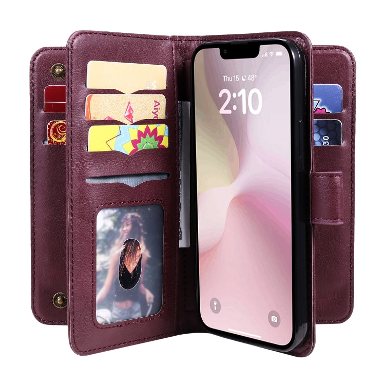 For iPhone 16e Multi-Function Wallet 10 Card Slots Leather Phone Case(Claret) by bashfashion