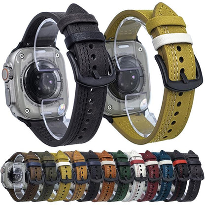 For Apple Watch 42mm / 41mm / 40mm / 38mm 7-Line Tri-Star Buckle Pull Up Leather Watch Band(Black Red Thread) by bashfashion