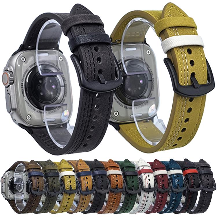 For Apple Watch 46mm / 49mm / 45mm / 44mm 7-Line Tri-Star Buckle Pull Up Leather Watch Band(Beige Red Thread) by bashfashion