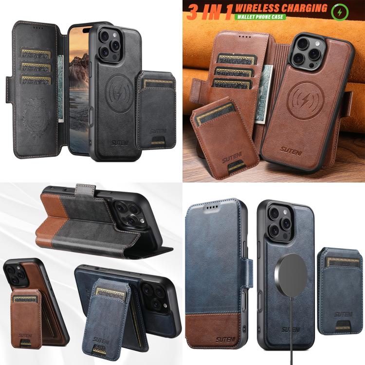 For iPhone 16 Pro Max Suteni Q06S2 3-in-1 Detachable Vertical Flip Wallet MagSafe Splicing Leather Phone Case(Black) by Suteni