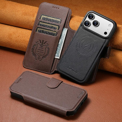 For iPhone 17 Pro Max Suteni Q05 -in-1 Multi-function MagSafe Wallet Big Litchi Leather Phone Case(Brown) by Suteni