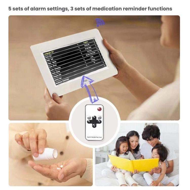 7-inch Digital Frame Calendar Day Clock With 3 Medication Alerts, 5 Custom Alarms, Multi-Language Support US Plug White by bashfashion